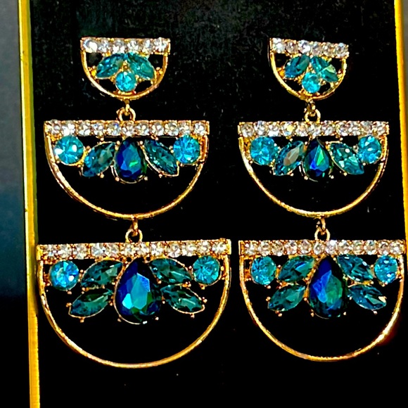 Long Blue Ombre Geometric Pageant Earrings - Picture 1 of 1